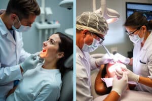Dentist in a dental clinic showing the impact of diet on oral health.