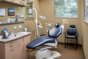 Modern dental treatment room with blue chair, overhead lights, sink, and waiting area seating.
