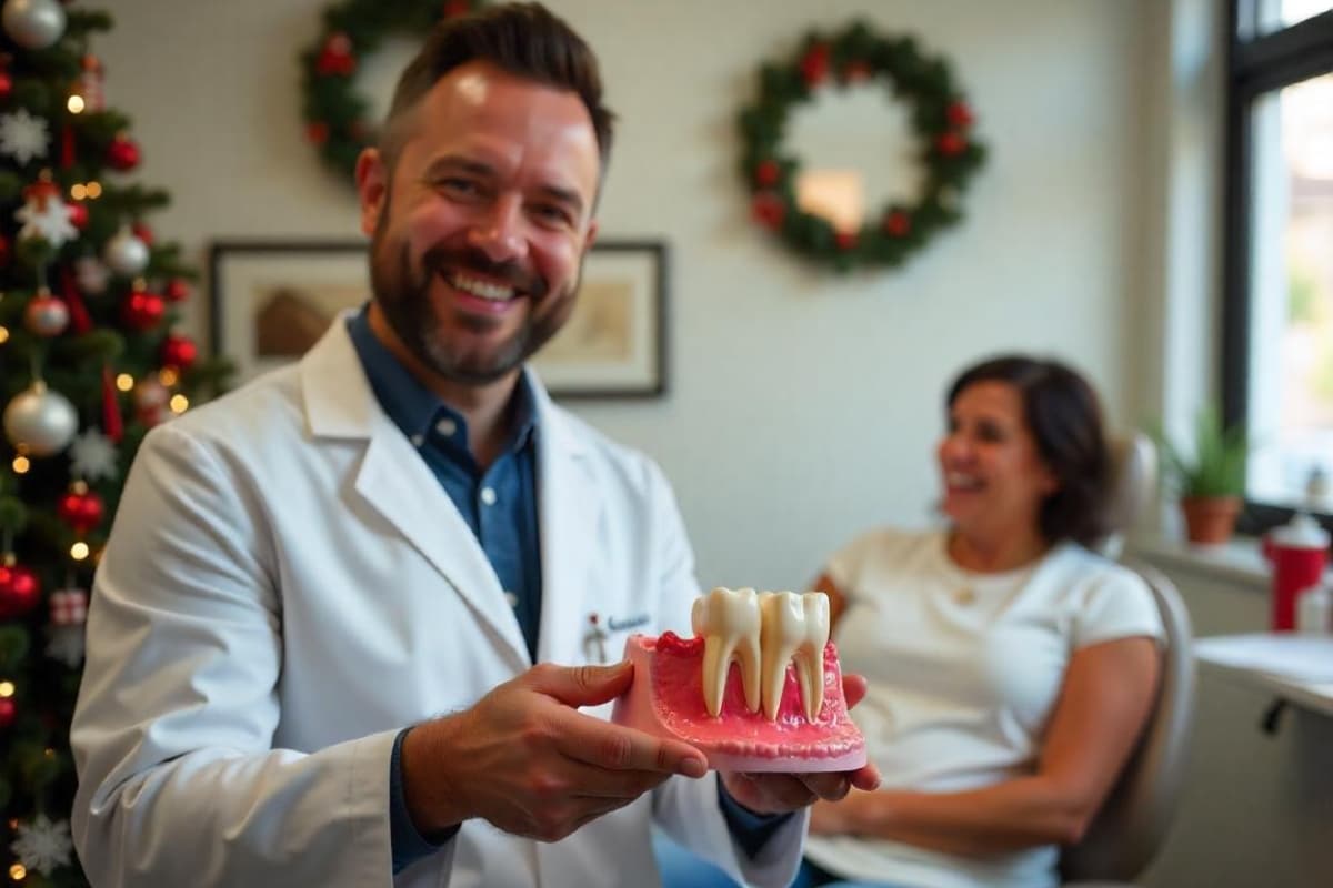 Holiday-themed dental office with a periodontist holding a gum care model